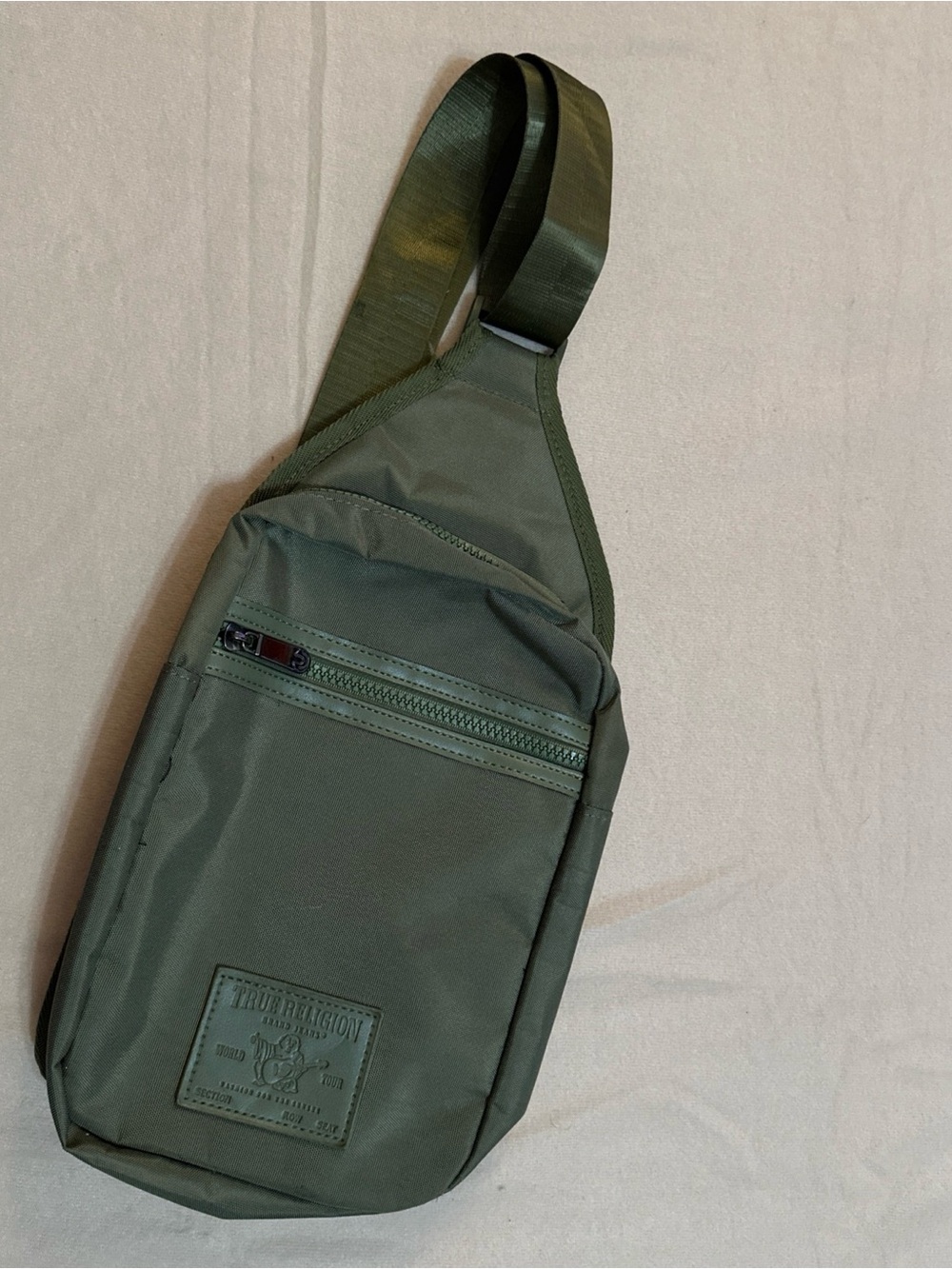 True Religion Yeta 2.0 Logo Patch Sling Bag/Crossbody Chest Bag Olive Green